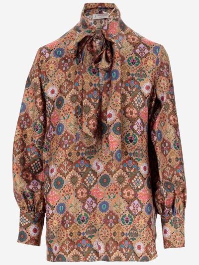 Shop Alberto Biani Silk Shirt With Floral Print In Beige