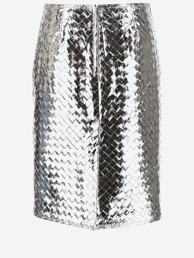 Shop Bottega Veneta Laminated Leather Midi Skirt With Woven Pattern In Silver