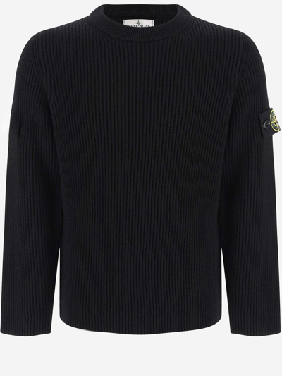 Shop Stone Island Wool Sweater With Logo In Black
