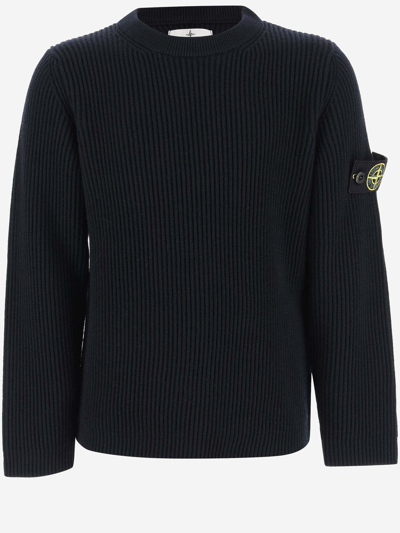 Shop Stone Island Wool Sweater With Logo In Blue