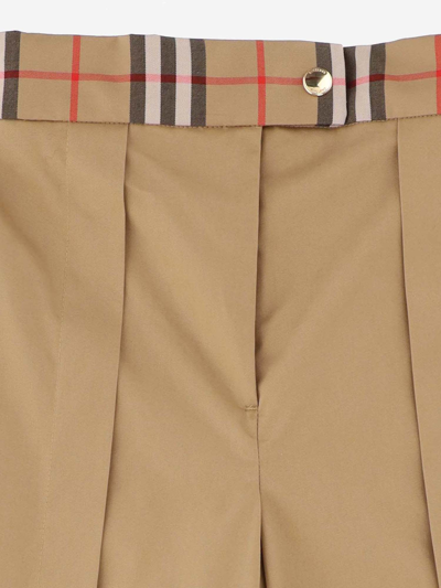 Shop Burberry Cotton Pants With Check Details In Beige