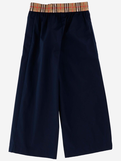 Shop Burberry Cotton Pants With Check Details In Blue