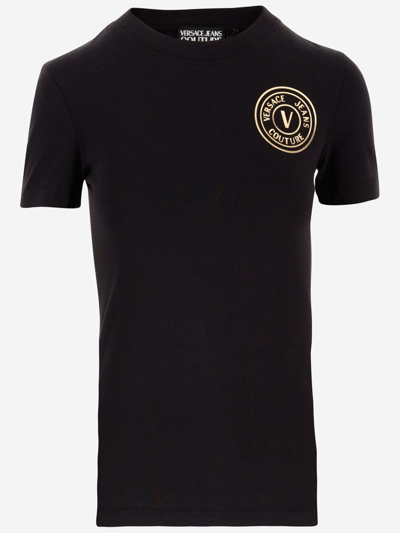 Shop Versace Jeans Couture Stretch Cotton T-shirt With Logo In Black
