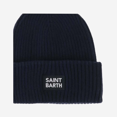 Shop Mc2 Saint Barth Wool Blend Beanie With Logo In Blue