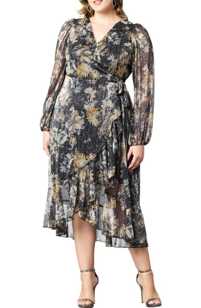 Shop Kiyonna Clara Floral Metallic Midi Wrap Dress In Gilded Florals