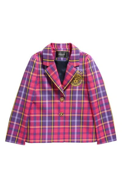 Shop Versace Kids' Tartan Embroidered Logo Blazer In Fuchsia