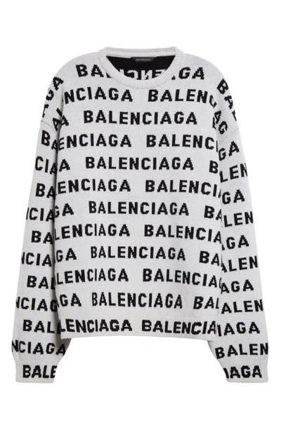 Shop Balenciaga Allover Logo Wool Blend Crewneck Sweater In White/ Black