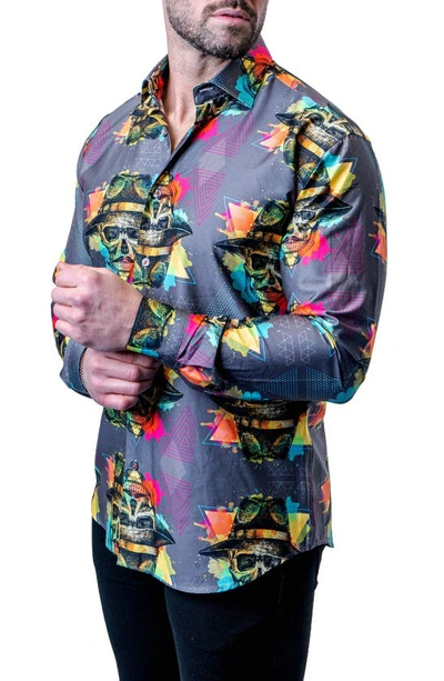 Maceoo Fibonacci Mob Skull Multi Contemporary Fit Button-up Shirt In Grey Multi