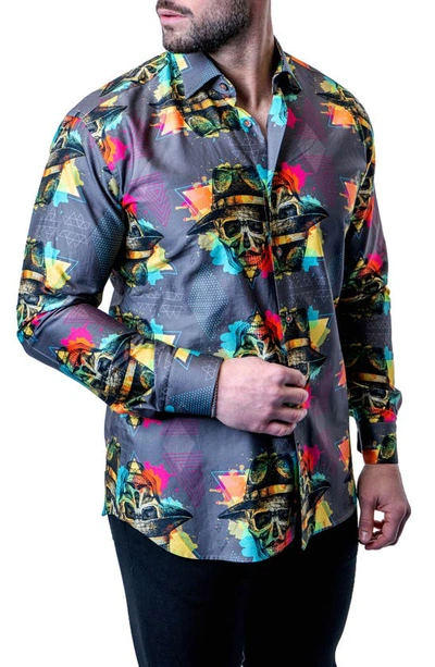 Maceoo Fibonacci Mob Skull Multi Contemporary Fit Button-up Shirt In Grey Multi