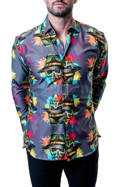 Maceoo Fibonacci Mob Skull Multi Contemporary Fit Button-up Shirt In Grey Multi
