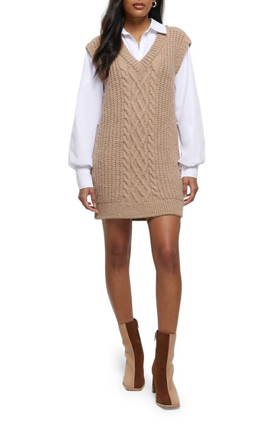 Shop River Island Hybrid Long Sleeve Sweater Dress In Beige