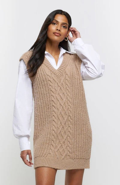 Shop River Island Hybrid Long Sleeve Sweater Dress In Beige