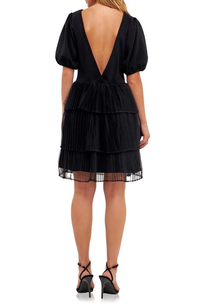 English Factory Puff Sleeve Mixed Media Minidress In Black