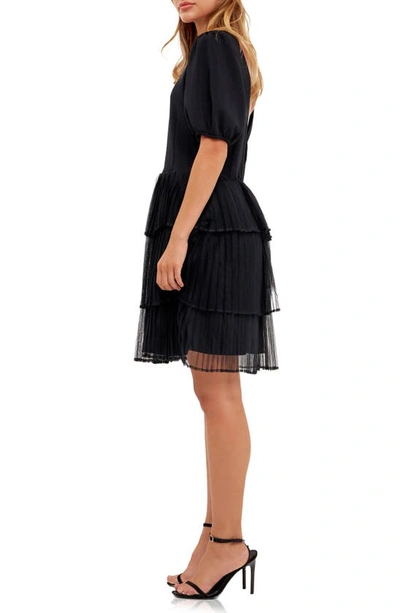 English Factory Puff Sleeve Mixed Media Minidress In Black