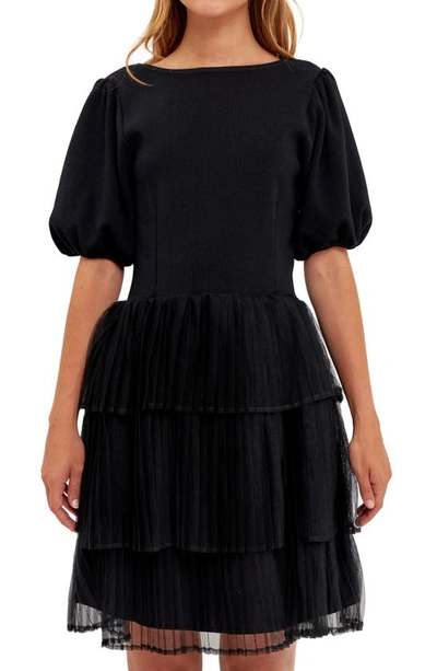 English Factory Puff Sleeve Mixed Media Minidress In Black