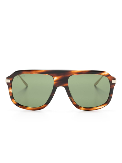 Shop Gucci Brown Pilot-frame Sunglasses In Gold