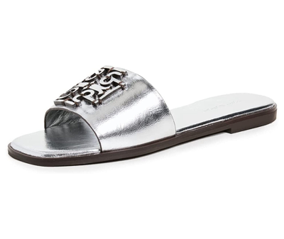 Pre-owned Tory Burch Ines Logo Slide Leather Sandal Silver Us 7.5 Authentic