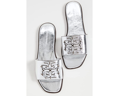 Pre-owned Tory Burch Ines Logo Slide Leather Sandal Silver Us 7.5 Authentic