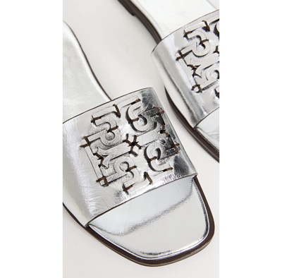 Pre-owned Tory Burch Ines Logo Slide Leather Sandal Silver Us 7.5 Authentic