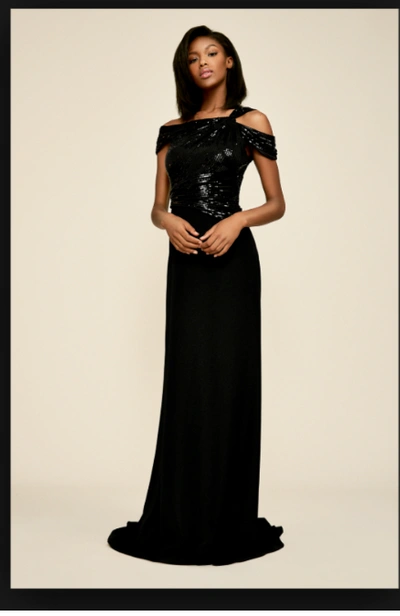 Pre-owned Tadashi Shoji ?  Black Sequin One Cold Shoulder Vesta Sequin Crepe Gown 10 Us L