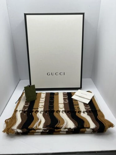 Pre-owned Gucci Wool Striped Logo Brown Wood Stripes Scarf