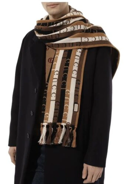Pre-owned Gucci Wool Striped Logo Brown Wood Stripes Scarf