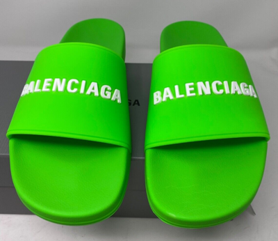 Pre-owned Balenciaga $325 Mens  Logo Pool Slides Sandals Slippers Fluorescent Fluo Green 45
