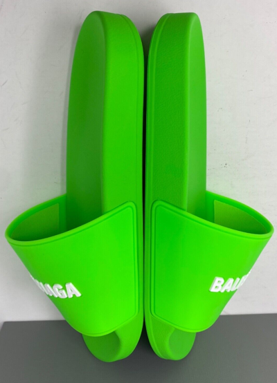Pre-owned Balenciaga $325 Mens  Logo Pool Slides Sandals Slippers Fluorescent Fluo Green 45