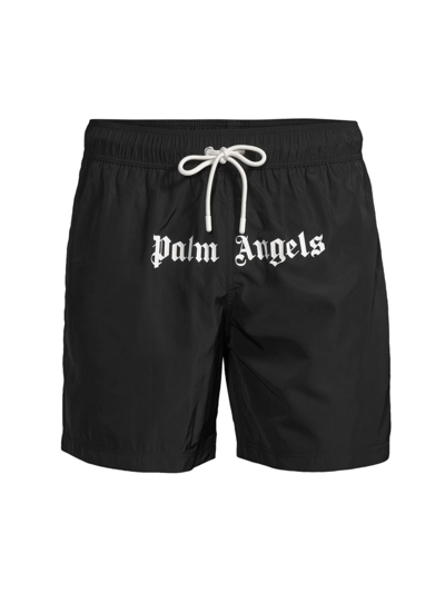 Shop Palm Angels Men's Logo Drawstring Swim Shorts In Black White