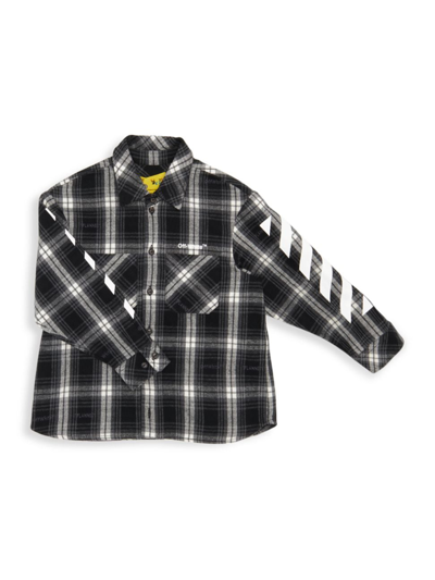 Shop Off-white Little Boy's Bookish Diagonal Flannel Shirt In Black White