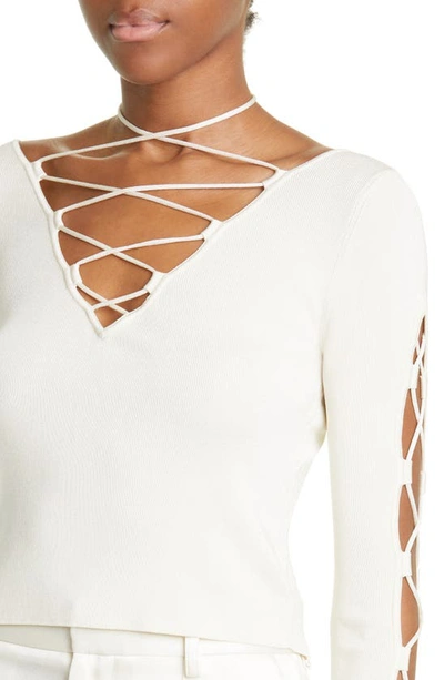 Shop Lapointe Lace-up Rib Crop Sweater In Cream