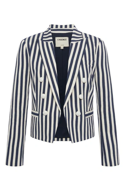 Shop L Agence Brooke Stripe Double Breasted Crop Blazer In Navy/ Ecru Stripe