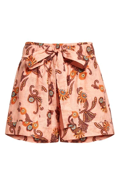 Shop A.l.c Barrett Paisley Bow Linen Shorts In Sandstone Multi