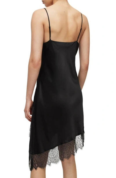 Allsaints Womens Black Eldia Lace-trim Asymmetric-hem Silk-blend Mini Dress In Black