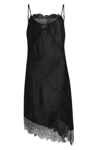Allsaints Womens Black Eldia Lace-trim Asymmetric-hem Silk-blend Mini Dress In Black