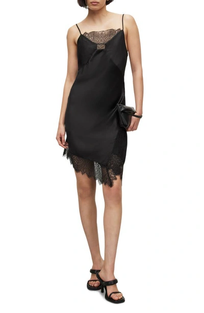 Allsaints Womens Black Eldia Lace-trim Asymmetric-hem Silk-blend Mini Dress In Black