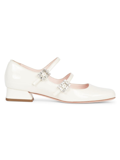 Shop Roger Vivier Women's Mini Tres Vivier 25mm Leather Strass Buckle Mary Janes In Cream