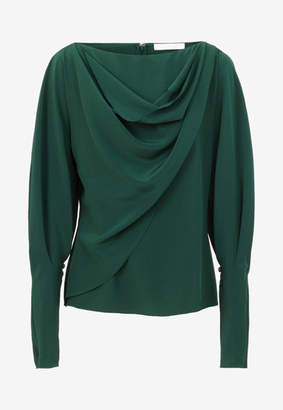 Shop Chloé Draped Silk Top In Green