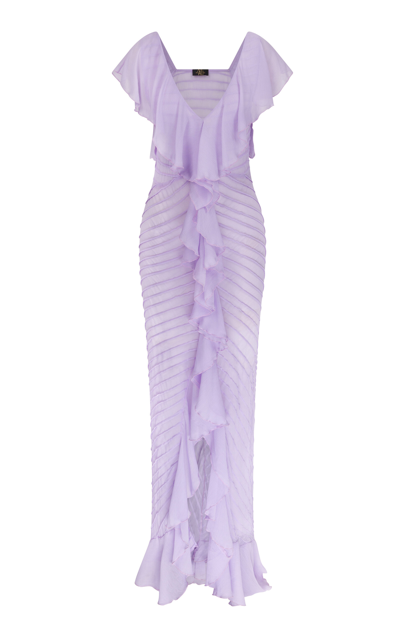 Shop De La Vali Macaroon Ruffled Chiffon Maxi Dress In Purple
