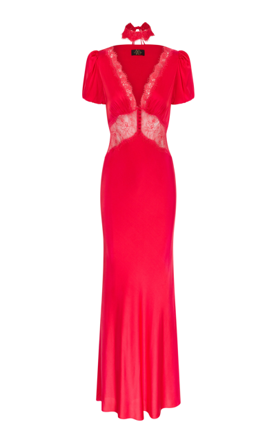 Shop De La Vali Pavlova Lace-trimmed Silk-blend Maxi Dress In Red