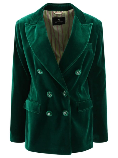Shop Etro Double-breasted Velvet Blazer In Green
