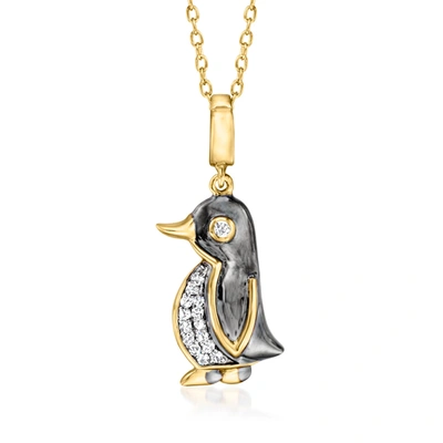 Shop Ross-simons Diamond And Black Enamel Penguin Pendant Necklace In 18kt Gold Over Sterling In Multi
