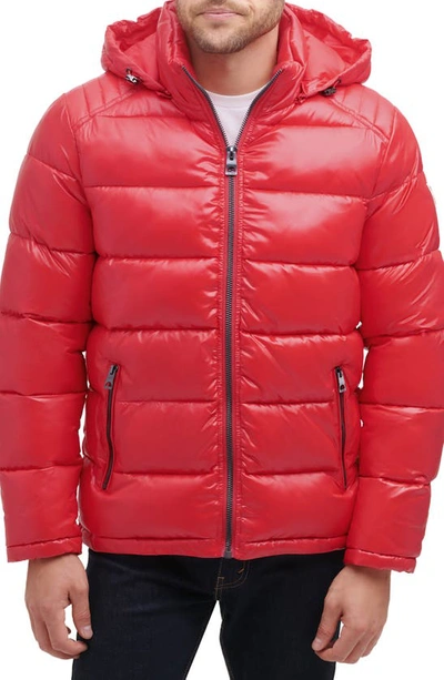 Shop Guess Hooded Solid Puffer Jacket In Red