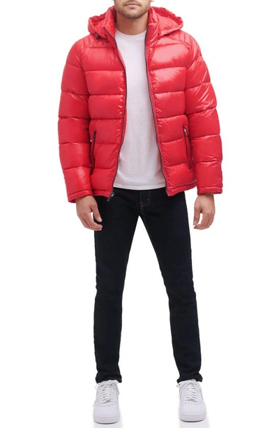 Shop Guess Hooded Solid Puffer Jacket In Red
