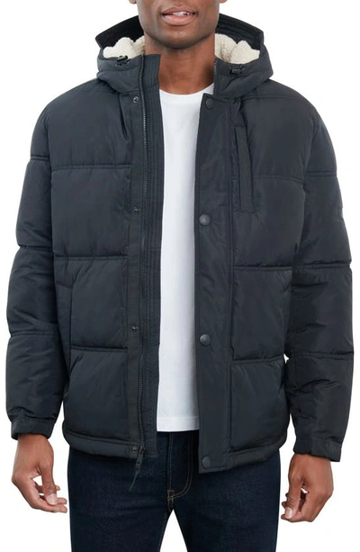 Shop Lucky Brand Davis Water Resistant Faux Shearling Lined Hood Puffer Jacket In Black