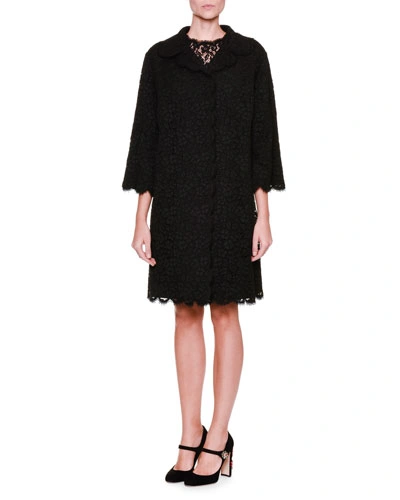 Dolce & Gabbana 3/4-sleeve Lace Topper Coat, Black