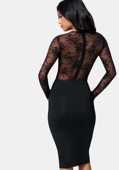 Bebe Lace Inset Fitted Midi Dress In Black