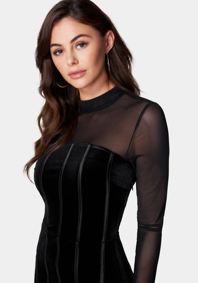 Shop Bebe Mesh And Velvet Bodycon Dress In Jet Black