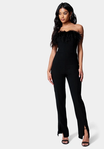 Bebe Feather Trim Split Hem Jumpsuit In Jet Black