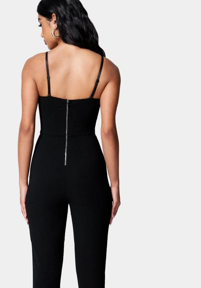 Bebe Feather Trim Split Hem Jumpsuit In Jet Black